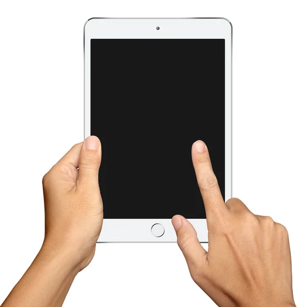 Mão segurando e toque no pequeno computador tablet branco no branco b — Fotografia de Stock
