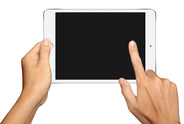 Ręka gospodarstwa i dotyk na mały komputer Tablet biały na białym b — Zdjęcie stockowe