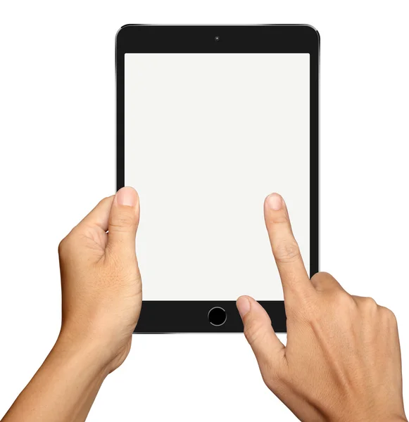 Ținând mâna și atingeți computerul mic Black Tablet pe alb b — Fotografie, imagine de stoc