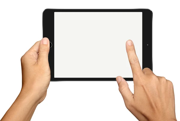 Hand innehav och beröring på små svarta Tablet PC på vita b — Stockfoto