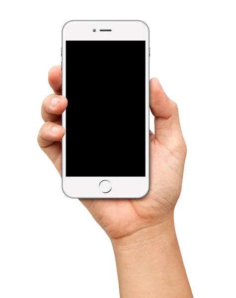 Mão segurando Smartphone branco com tela em branco no branco — Fotografia de Stock