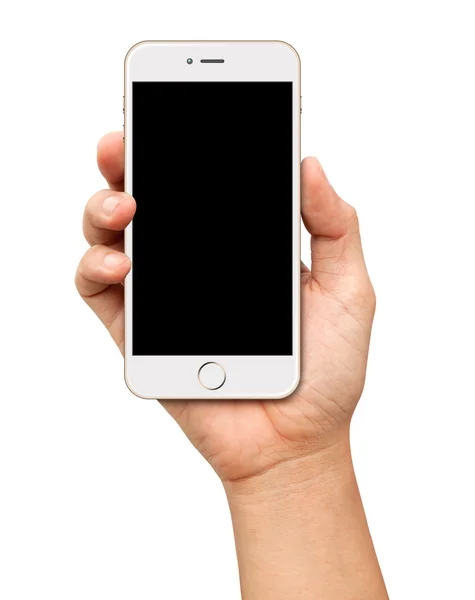 Mano sosteniendo Smartphone Blanco y Oro con pantalla en blanco — Foto de Stock