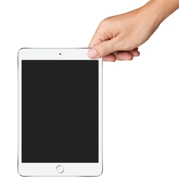 Hands are holding Small White Tablet Computer on white backgroun — Stock Photo, Image