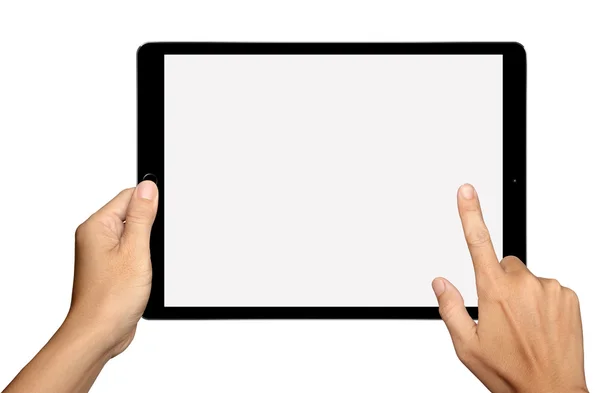 Hands are holding and point on Big Tablet PC — Stock Photo, Image