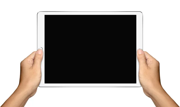 Las manos están sosteniendo Big White Tablet PC —  Fotos de Stock