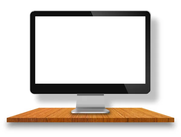 Monitor de computador na mesa de madeira com fundo de parede branco — Fotografia de Stock