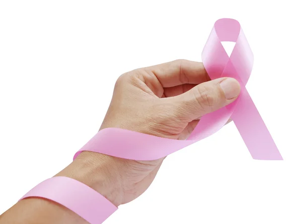 Haga la cinta rosada para el símbolo del cáncer de pecho en el backgrou blanco — Foto de Stock