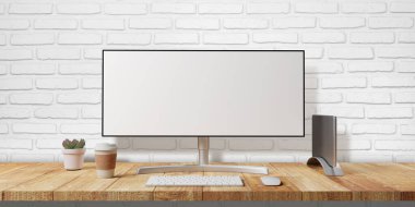 Tahta masa üzerinde beyaz tuğlalı duvar zeminli 3B Modern Bilgisayar