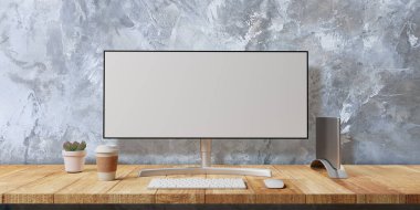 Tahta masadaki beton duvar arkaplanlı 3B Modern Bilgisayar