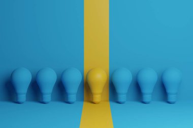3D illüstrasyon, arka planda açık mavi ampul arasında yüzen sarı ampul. Yaratıcı fikir ve yenilik kavramı, farklı düşün, bireysel ve kalabalıktan uzak..