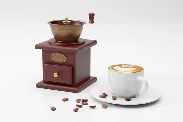 3Dイラスト白を基調としたコーヒーラテとコーヒーグラインダーのカップ — ストック写真