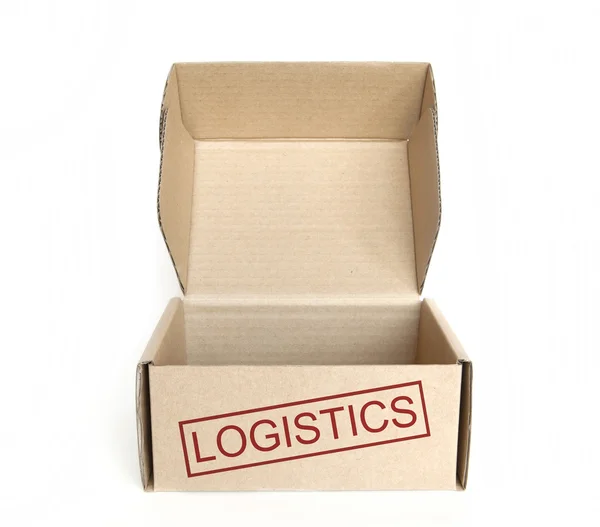 Logistics άδειο κουτί από χαρτόνι σε άσπρο φόντο — Φωτογραφία Αρχείου