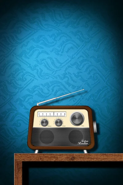 与蓝色壁纸背景的木桌上的复古收音机 — 图库照片