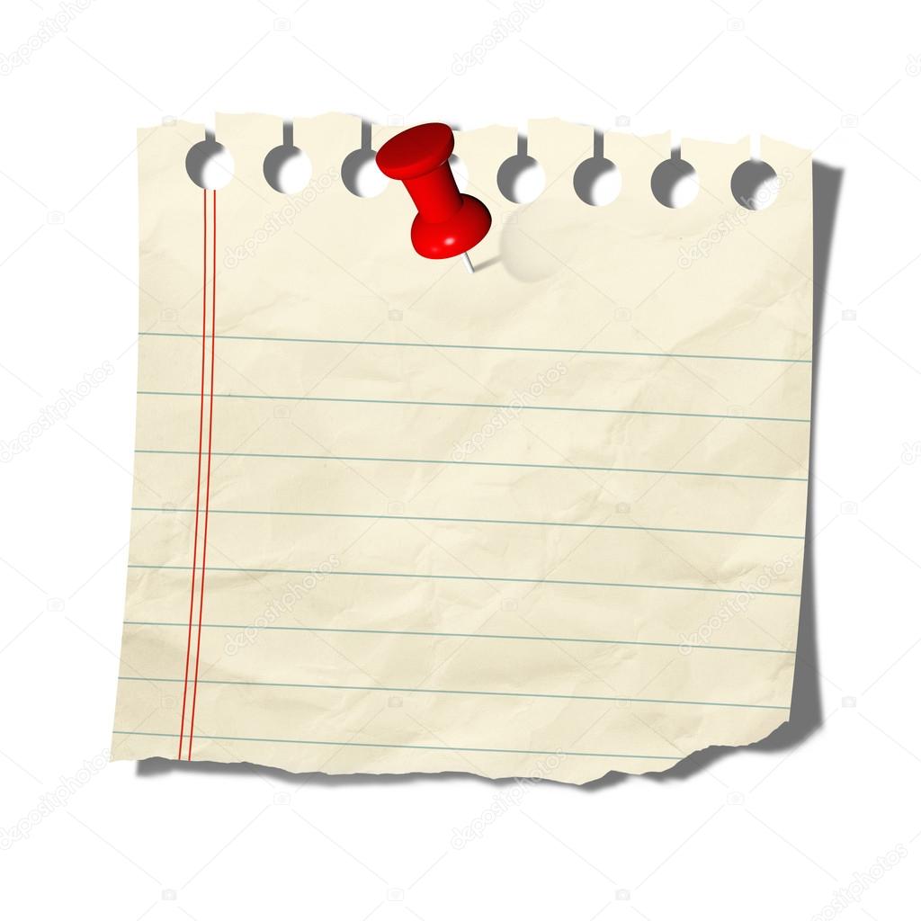old note paper with push pin on white background 