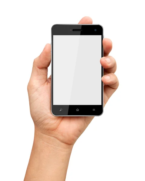 Mano sosteniendo el teléfono inteligente con pantalla en blanco sobre fondo blanco — Foto de Stock