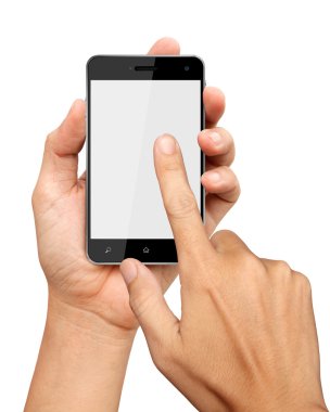 Ellerini tutarak ve akıllı telefon izole beyaz bac üzerinde on noktası