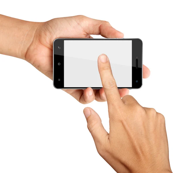 Las manos están sosteniendo y punto en el teléfono inteligente aislado en bac blanco — Foto de Stock