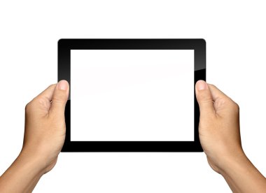 Ellerini tutarak ve beyaz Tablet Pc izole üzerinde gelin