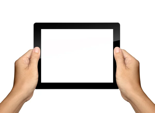 Hands are holding and point on white Tablet PC Isolated — Stock Photo, Image