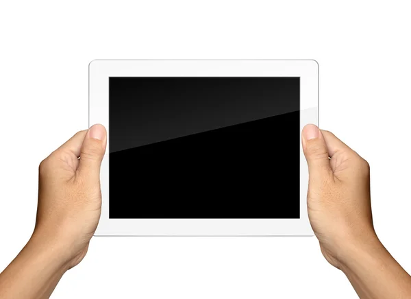 Mãos estão segurando e ponto em branco Tablet PC isolado — Fotografia de Stock