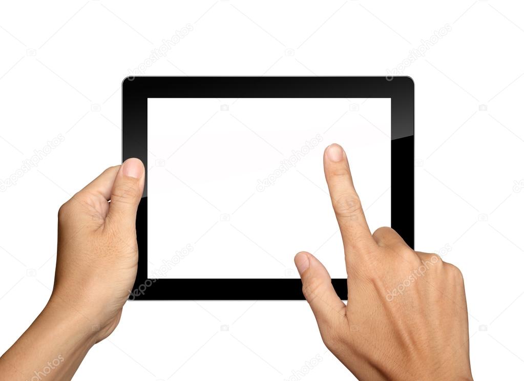 hands are holding and point on Tablet PC Isolated on white backg