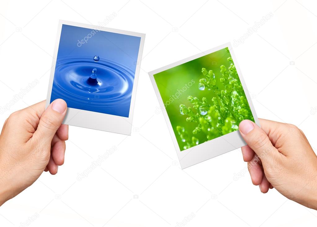 Environment Concept, Hands holding nature photos water and plant