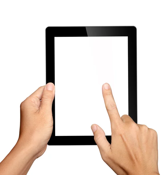 Mani che tengono e toccano su tablet pc isolato — Foto Stock