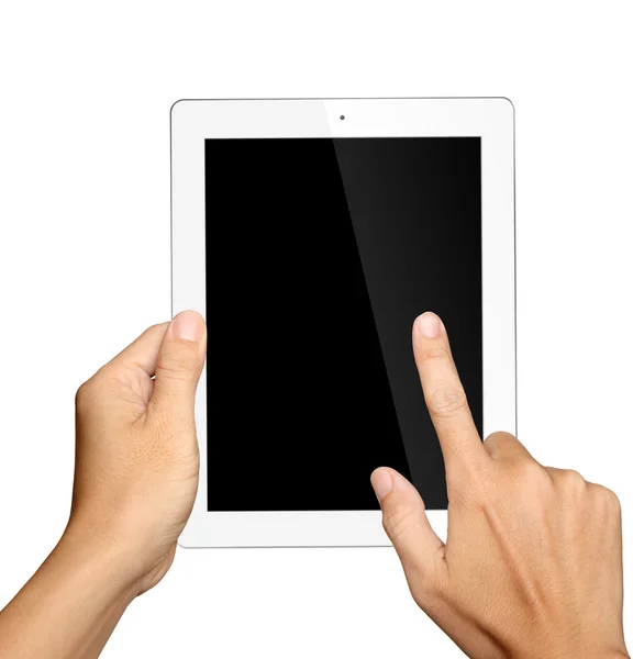 Hands holding and touching on tablet pc isolated — Stock Photo, Image