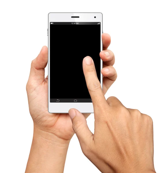 Las manos sostienen y apuntan a un teléfono inteligente de pantalla grande en blanco — Foto de Stock