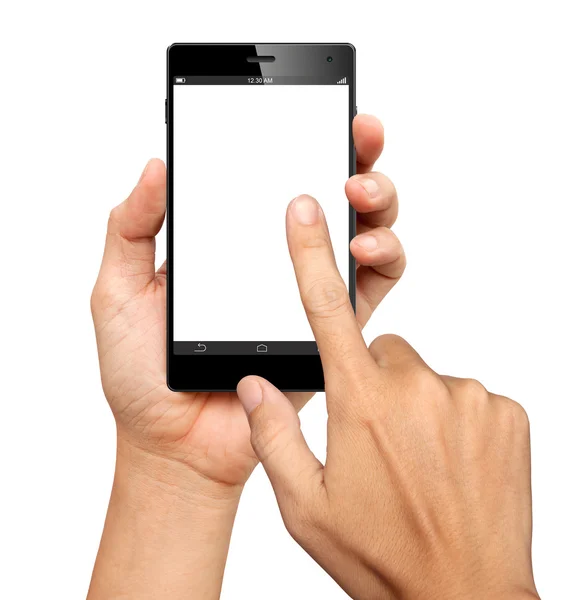 As mãos estão segurando e apontar em um telefone inteligente de tela grande no branco — Fotografia de Stock