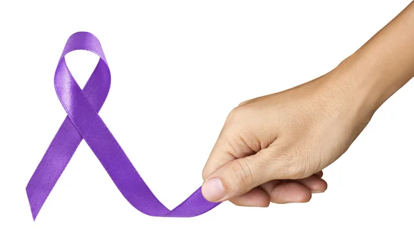 Hand Make Purple Ribbon for Pancreatic Cancer symbol on white — Stock Photo, Image