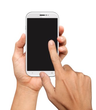 Ellerini tutarak ve beyaz akıllı telefon gelin
