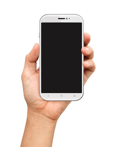 Mano sosteniendo Smartphone blanco con pantalla en blanco — Foto de Stock