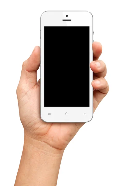 Mano sosteniendo Smartphone blanco con pantalla en blanco — Foto de Stock