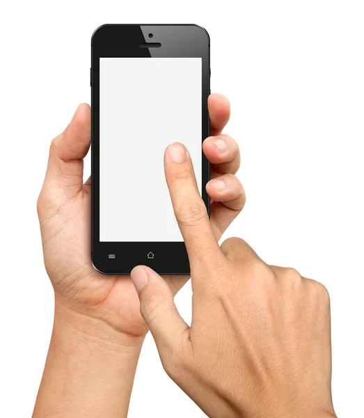Mão segurando e toque no smartphone preto — Fotografia de Stock