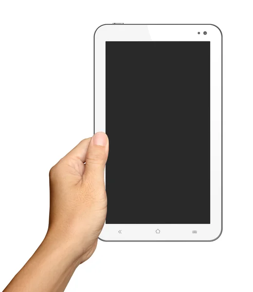 Händerna håller små vita Tablet PC på vita bak — Stockfoto