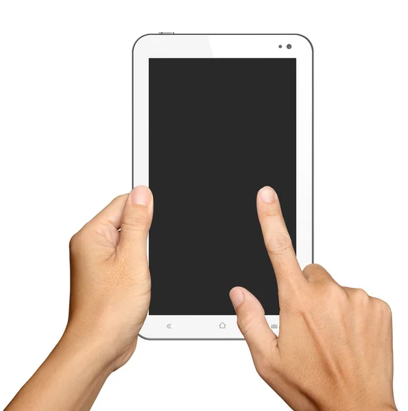 La celebración de la mano y el tacto en la tableta sobre fondo blanco — Foto de Stock