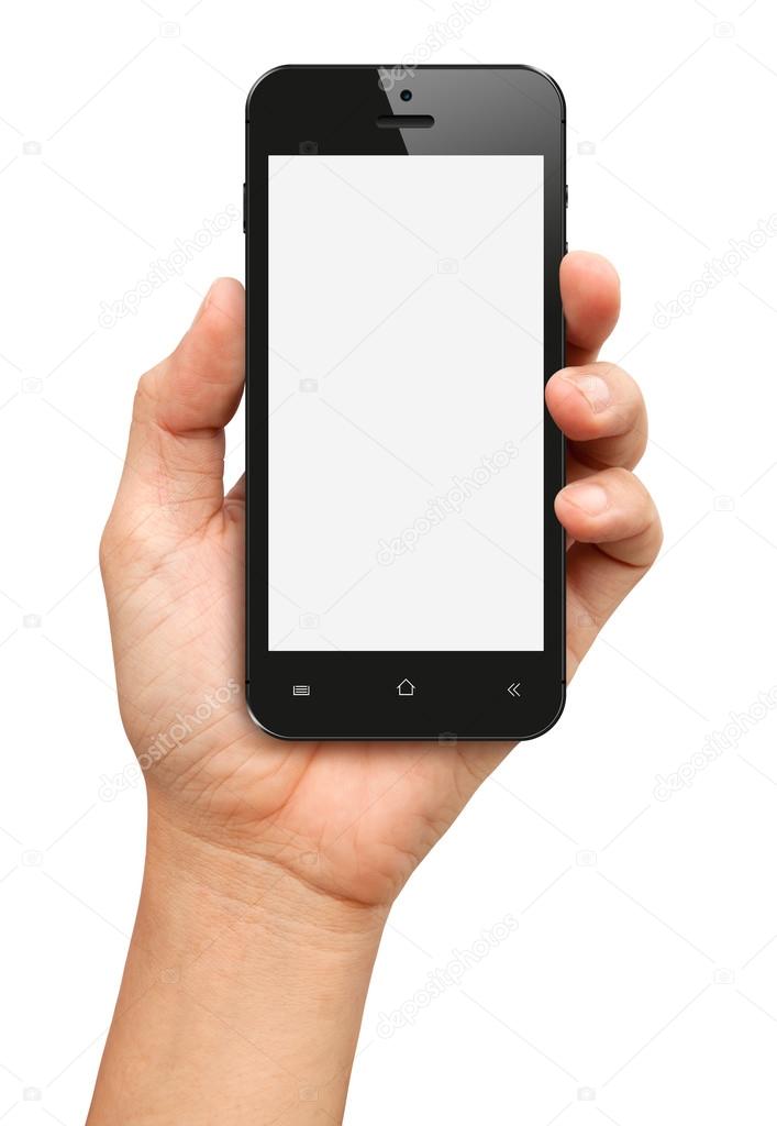 Hand holding Black Smartphone with blank screen