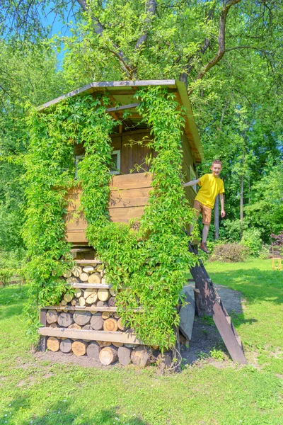 Sarı Tişört Genç Çocuk Bahçe Treehouse Eğleniyor — Stok fotoğraf