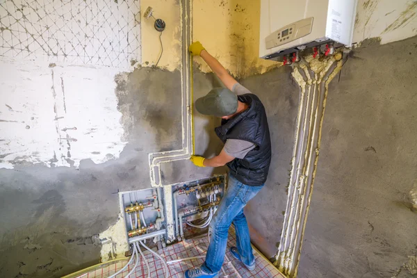 Pipefitter Installing System Heating House Construction — Stock Photo, Image