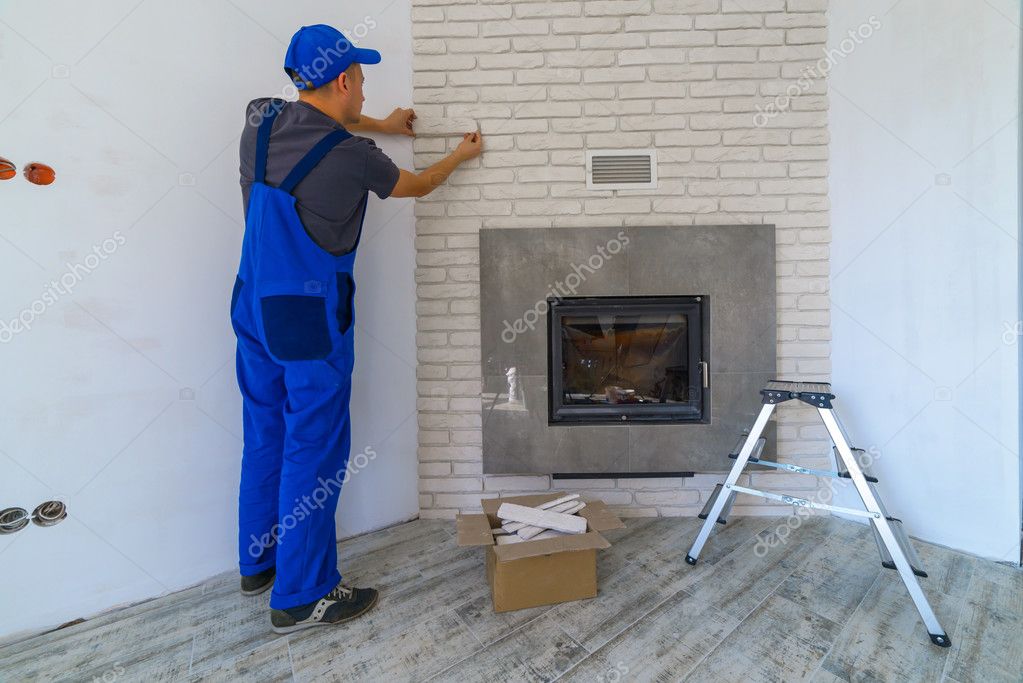 Worker Laying Brick Tiles Wall Fireplace Stock Photo C Ivankmit