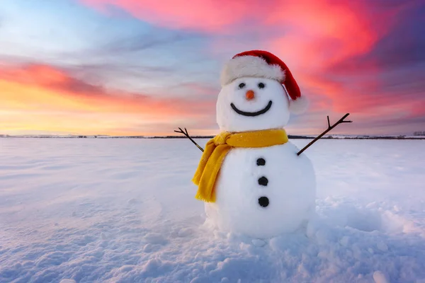 Muñeco de nieve divertido en el sombrero de Santa —  Fotos de Stock