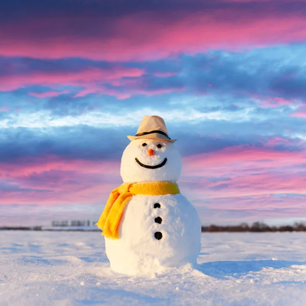 黒い帽子の面白い雪だるま — ストック写真