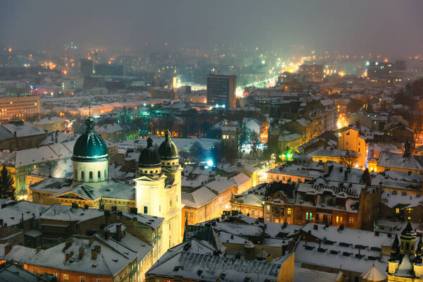 Gorgeus cityscape of winter Lviv city