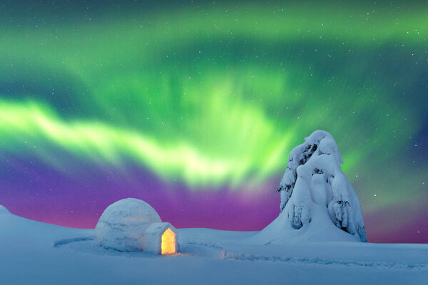 Зимняя сцена со светящимися полярными огнями и снежным иглу