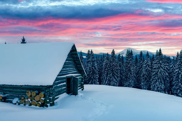 눈덮인 집 이 있는 환상적 인 풍경 — 스톡 사진
