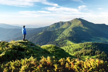 Dağın kıyısındaki yemyeşil otlarla kaplı bir turist.