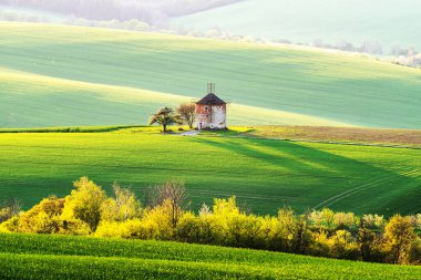 Eski yel değirmeniyle resmedilmiş kırsal alan