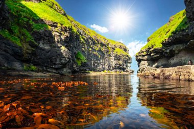 Temiz su ve kırmızı yosunlu güzel rıhtım manzarası