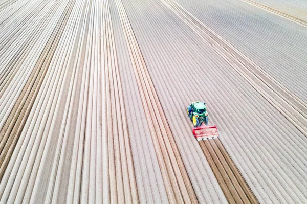 Lonely tractor on agricultural field with rows of plowed soil — Stock Photo, Image